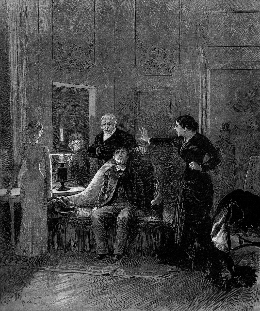 Tiyatro gösterimi: Alphonse Daudet (1840-1897) ve H. Lafontaine ile Miss Sisos (Cecile), M. Porel (Dr. Rivals), M. Chelles (Jack), Miss Montaland (Ida de Barancy) tarafından “Jack”in 5. perdesi ). Paris, tiyatro de l