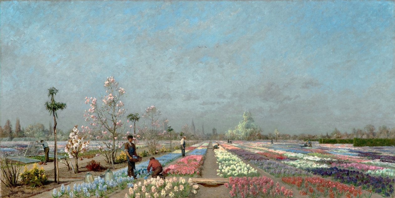 Van Houtte Fidanlığında Çiçek Açan Sümbül Tarlaları, Ghent, Aziz Nikolaos Kilisesi, Çan Kulesi ve Ötesinde Aziz Bavo Katedrali manzaralı by Adrien Louis Demont