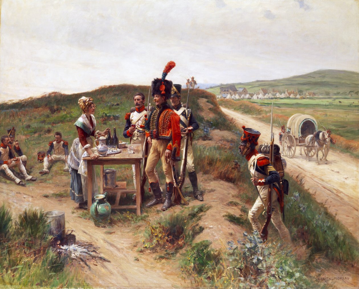 Genç bir pazar satıcısında dinlenen askerler by Adrien Moreau