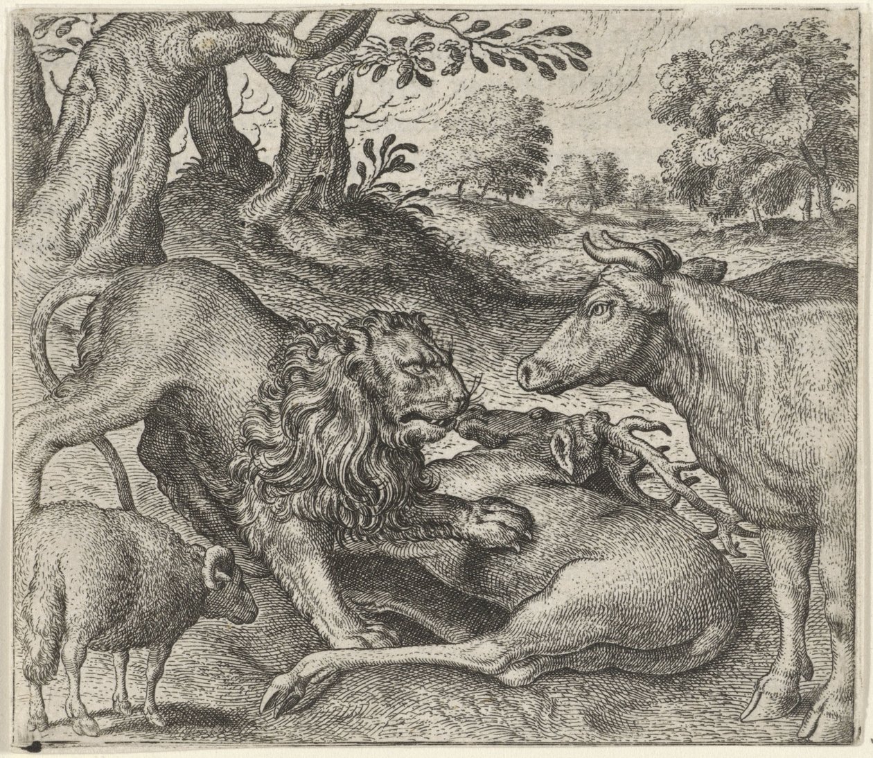Aslan, İnek ve Avdaki Koyun Masalı by Egidius  Sadeler (II)
