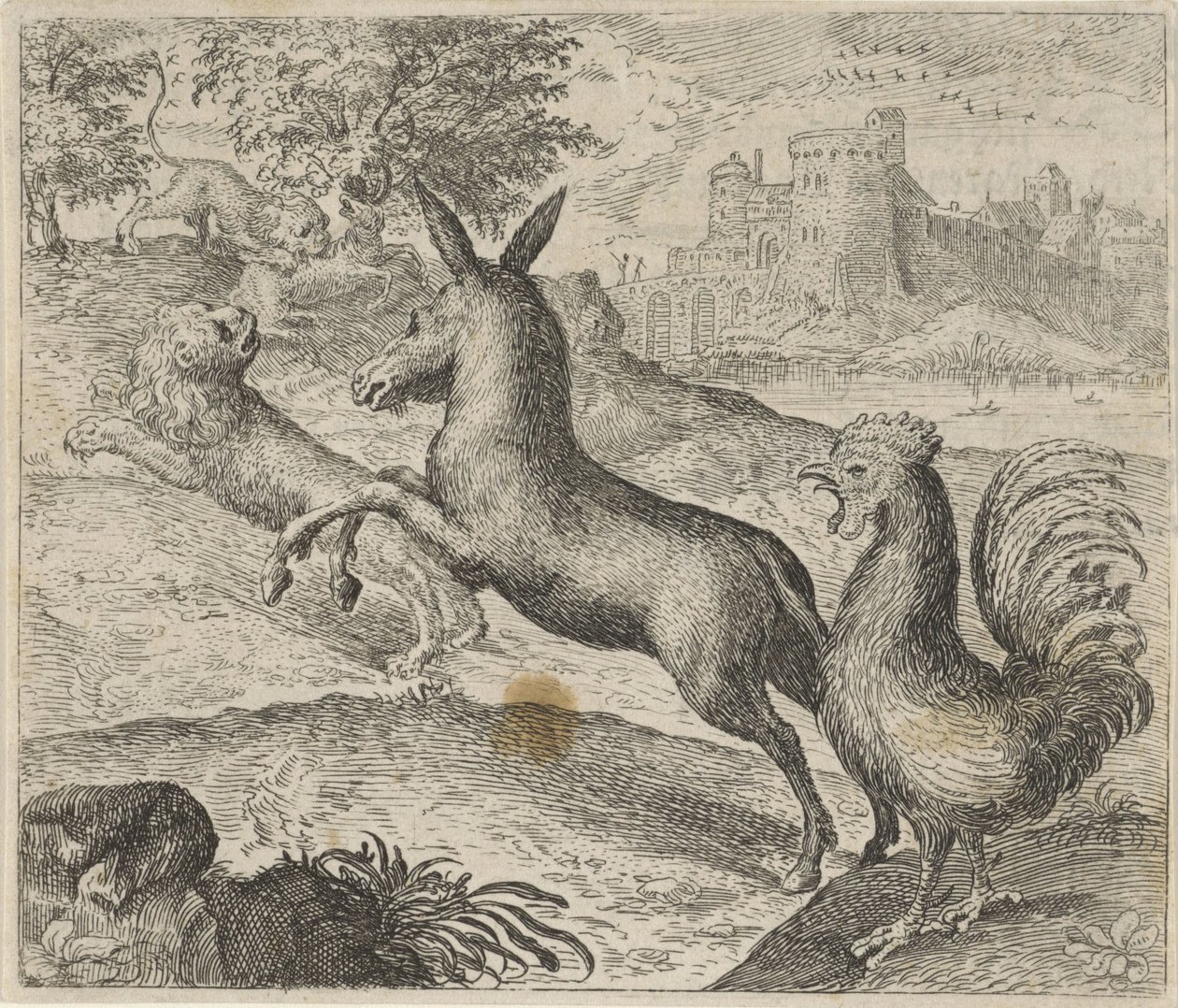 aslan, eşek ve horoz masalı by Egidius  Sadeler (II)
