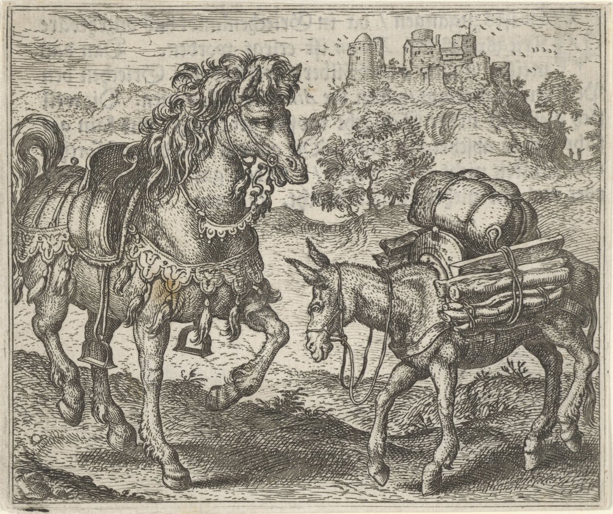 Huysuz Eşek ve Savaş Atı Masalı by Egidius  Sadeler (II)