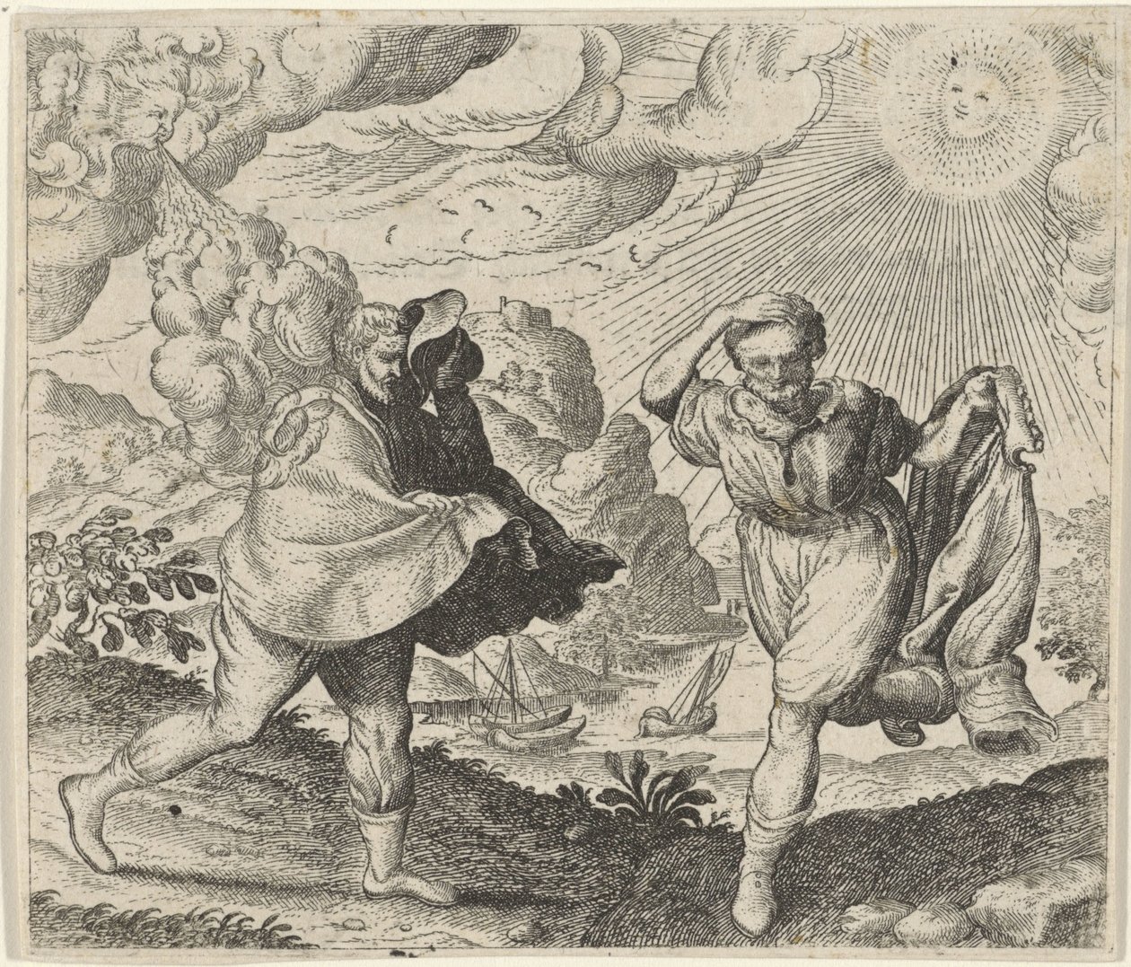 Rüzgar, güneş ve yürüyenlerin masalı by Egidius  Sadeler (II)