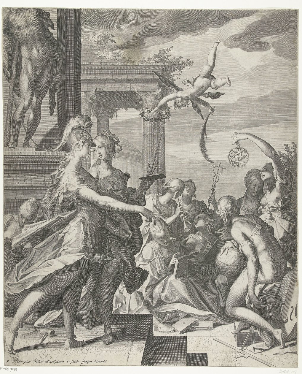 Minerva, Resme bilimlerle olan yerine eşlik ediyor by Egidius  Sadeler (II)