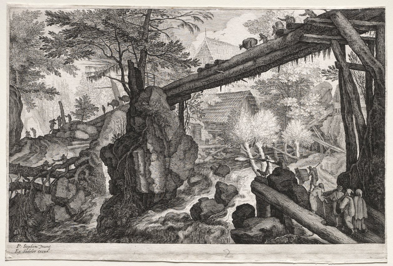 Sekiz Bohem Manzarası: Katarakt Üzerindeki Kütük Köprülü Manzara, c. 1610-1615. by Aegidius Sadeler or Saedeler