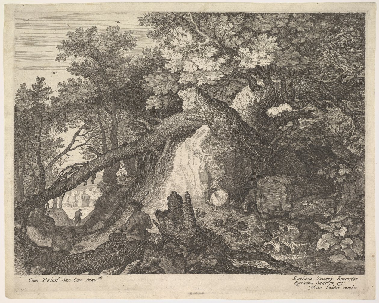 Bir ağaç gövdesine oturmuş, iki yanında iki keçi olan bir değnek tutan bir adam, surro..., yakl. 1600. by Aegidius Sadeler II