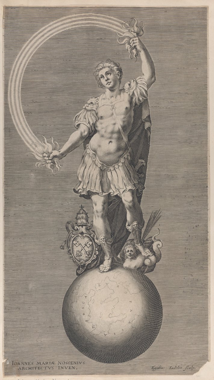 Papalık arması ile bir küre üzerinde duran bir savaşçının alegorik figürü..., ca. 1588-1629. by Aegidius Sadeler II