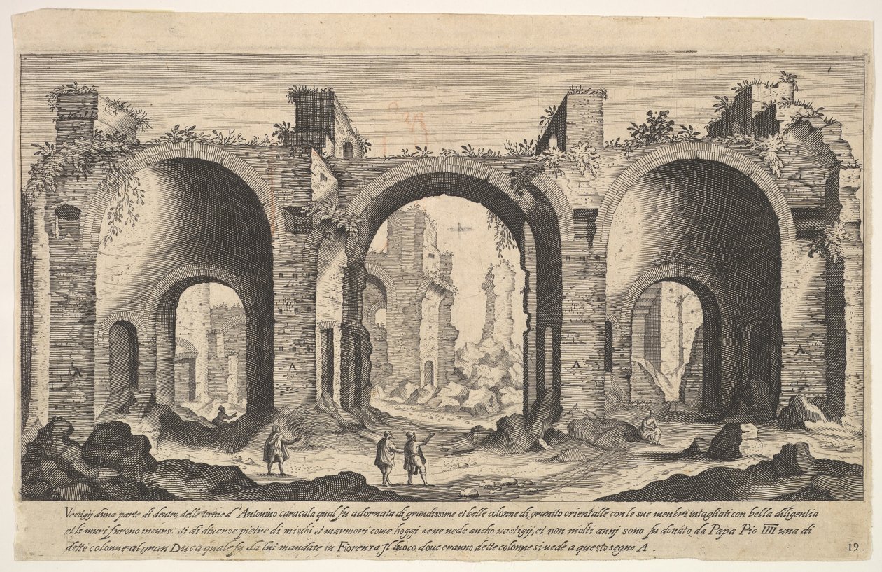 Levha 19: A harfi ile yerleri gösteren Caracalla Hamamlarının görünümü, ..., 1606. by Aegidius Sadeler II