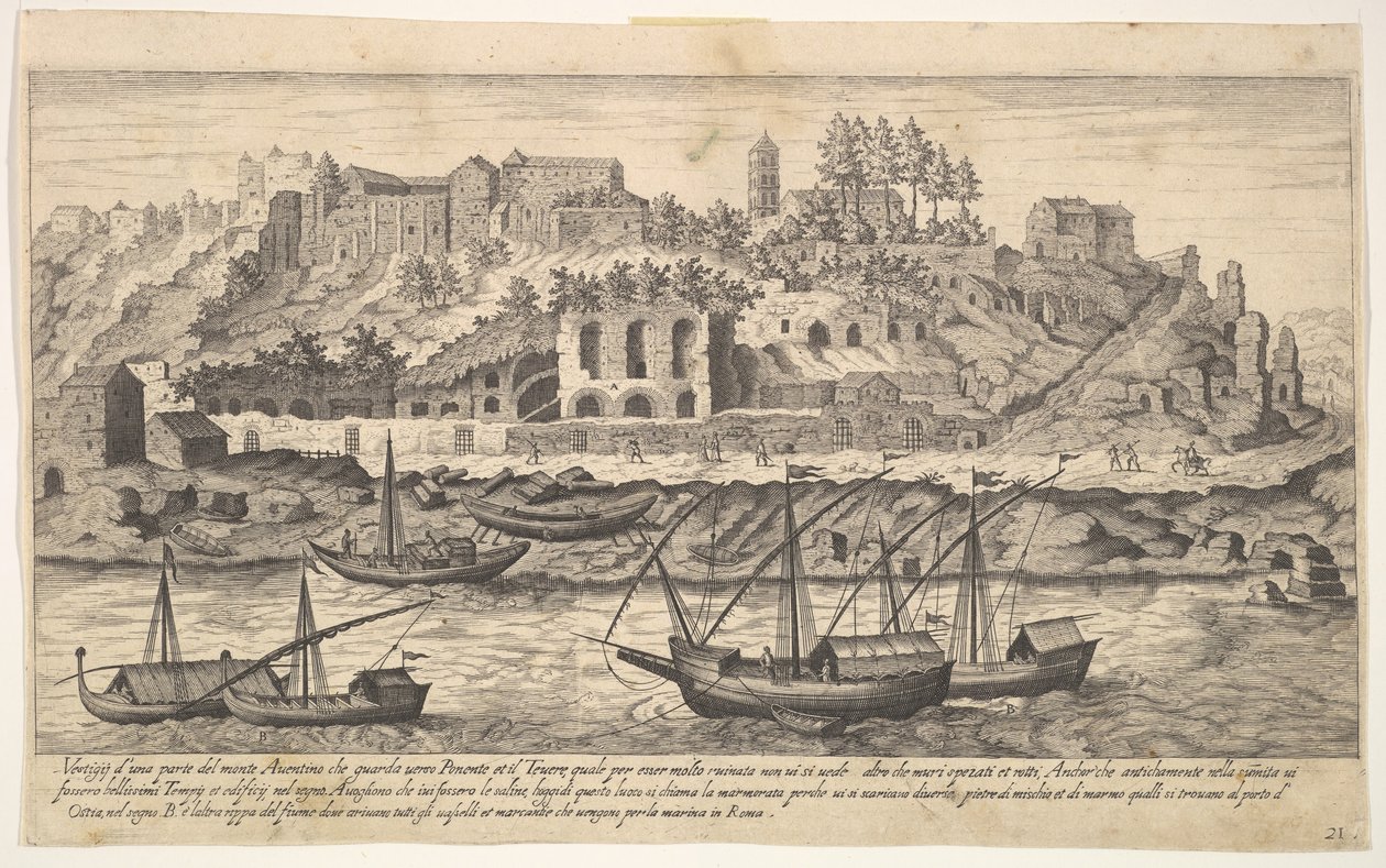 Levha 21: Aventine Tepesi harabelerinin batısından görünüm, Roma, nehirde teknelerle ..., 1606. by Aegidius Sadeler II