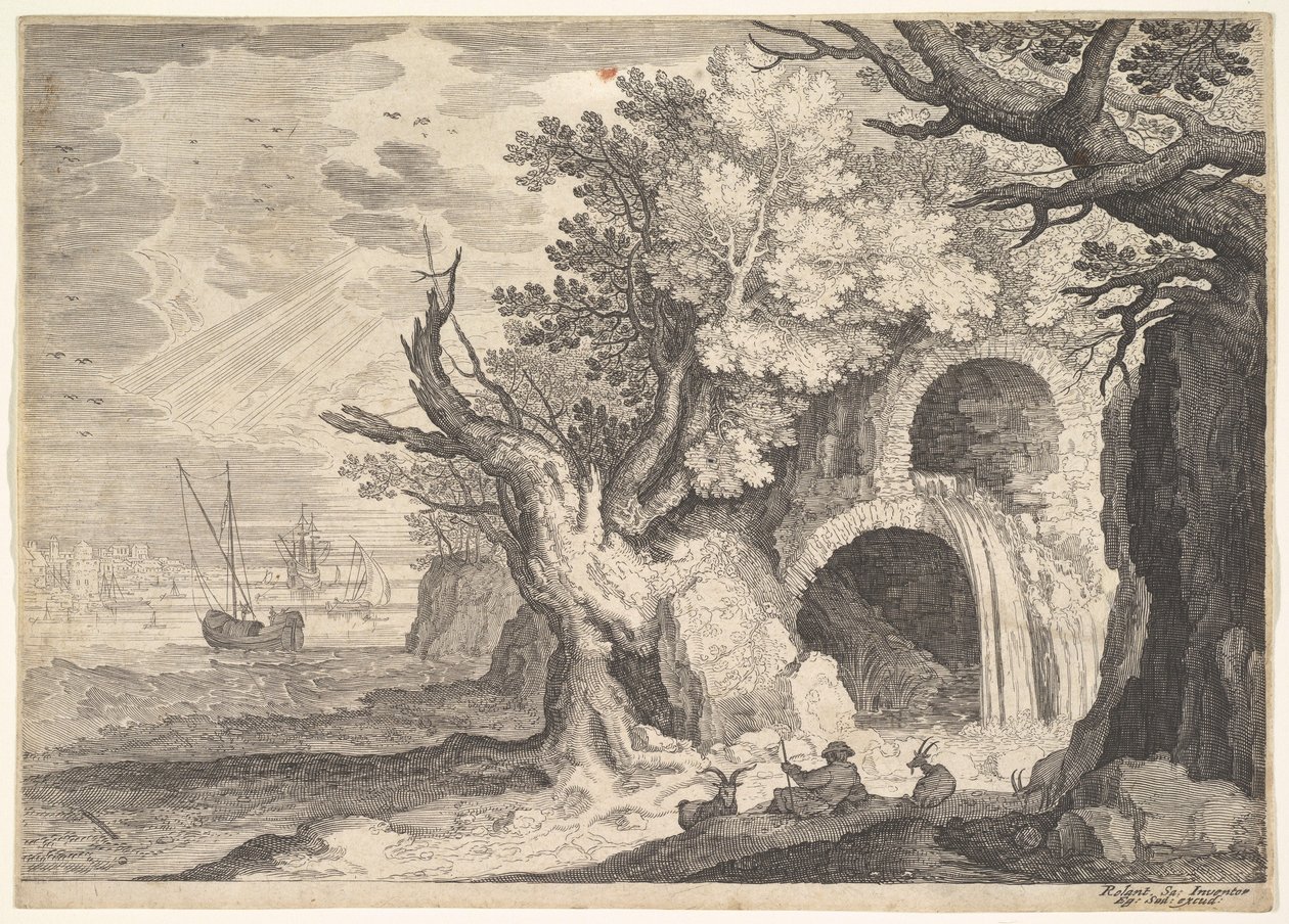 Aşağıdaki bir dereye dökülen su ile harap su kemeri, denizde gemiler, bir ..., ca. 1600. by Aegidius Sadeler II
