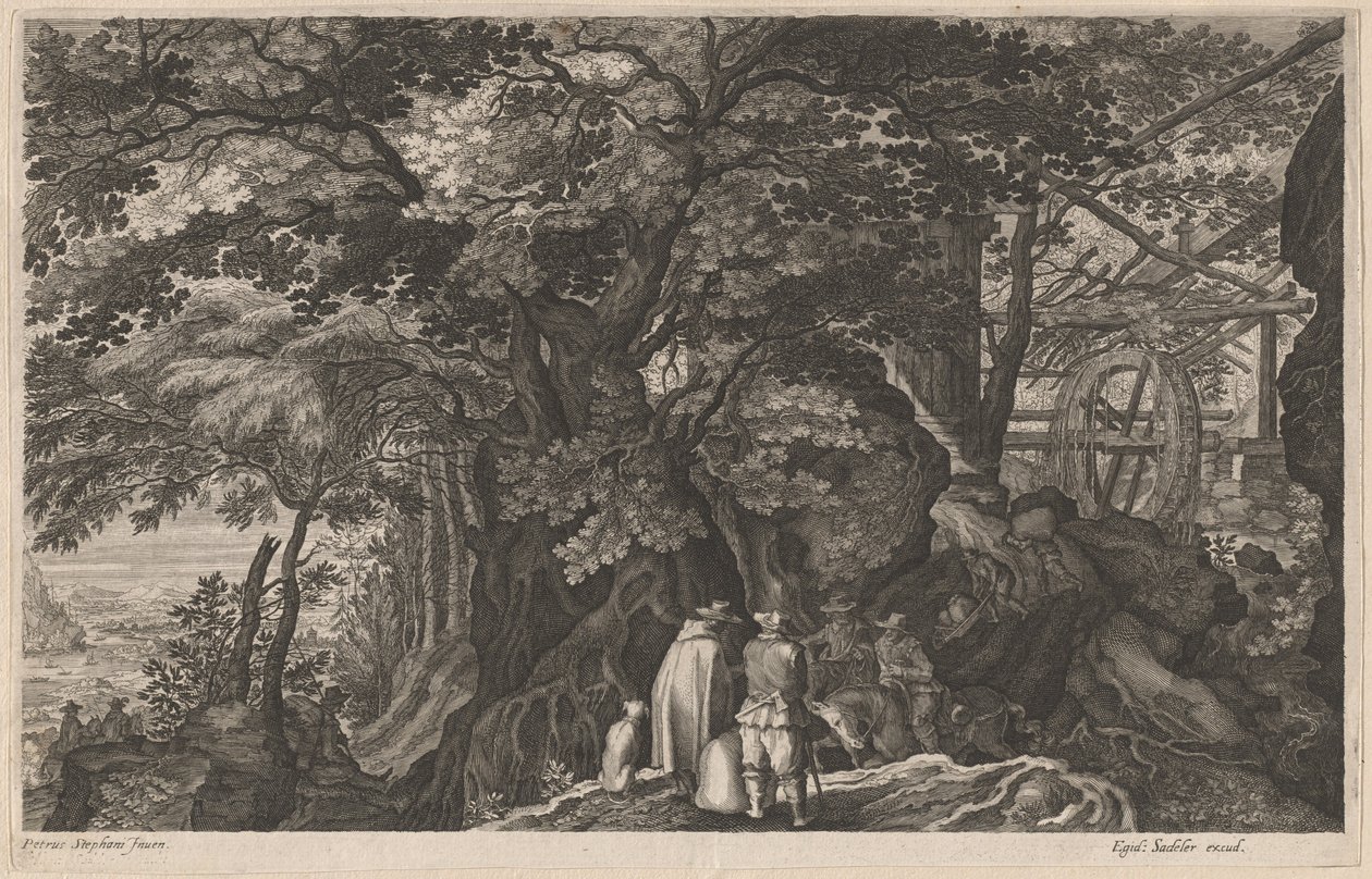 Bir Dağ Su Değirmeninin Yanındaki Antik Ağaçlar by Aegidius Sadeler II after Pieter Stevens