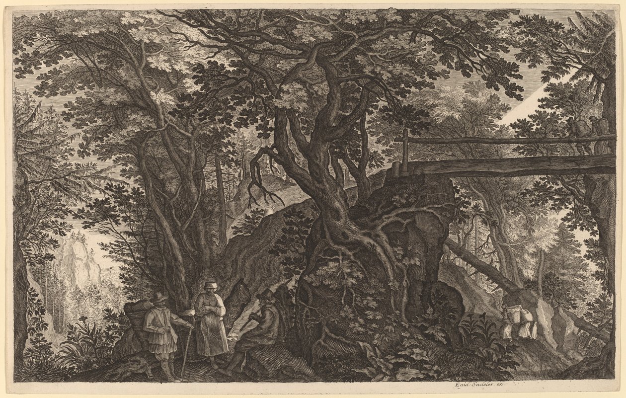 İki Adam ve Bir Köprünün Yanında Dinlenen Bir Kadınla Orman Manzarası by Aegidius Sadeler II after Pieter Stevens