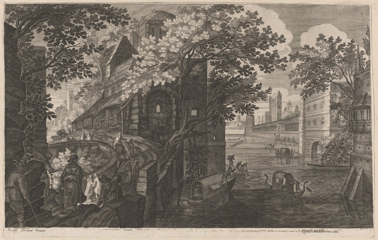 Sarayın Yanında Nehir Üzerinde Gondol by Aegidius Sadeler II after Pieter Stevens