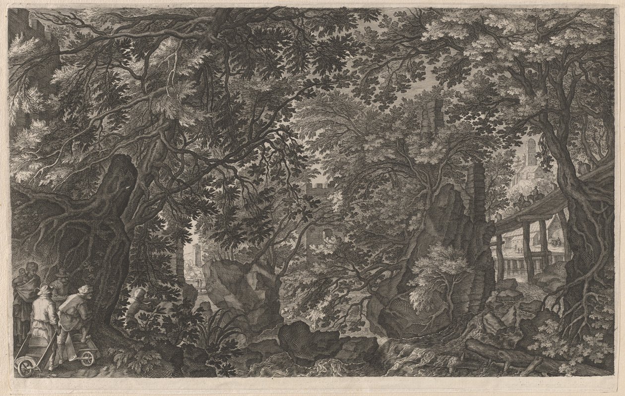 Ahşap Köprünün Yanındaki Ormanda Avcılar by Aegidius Sadeler II after Pieter Stevens