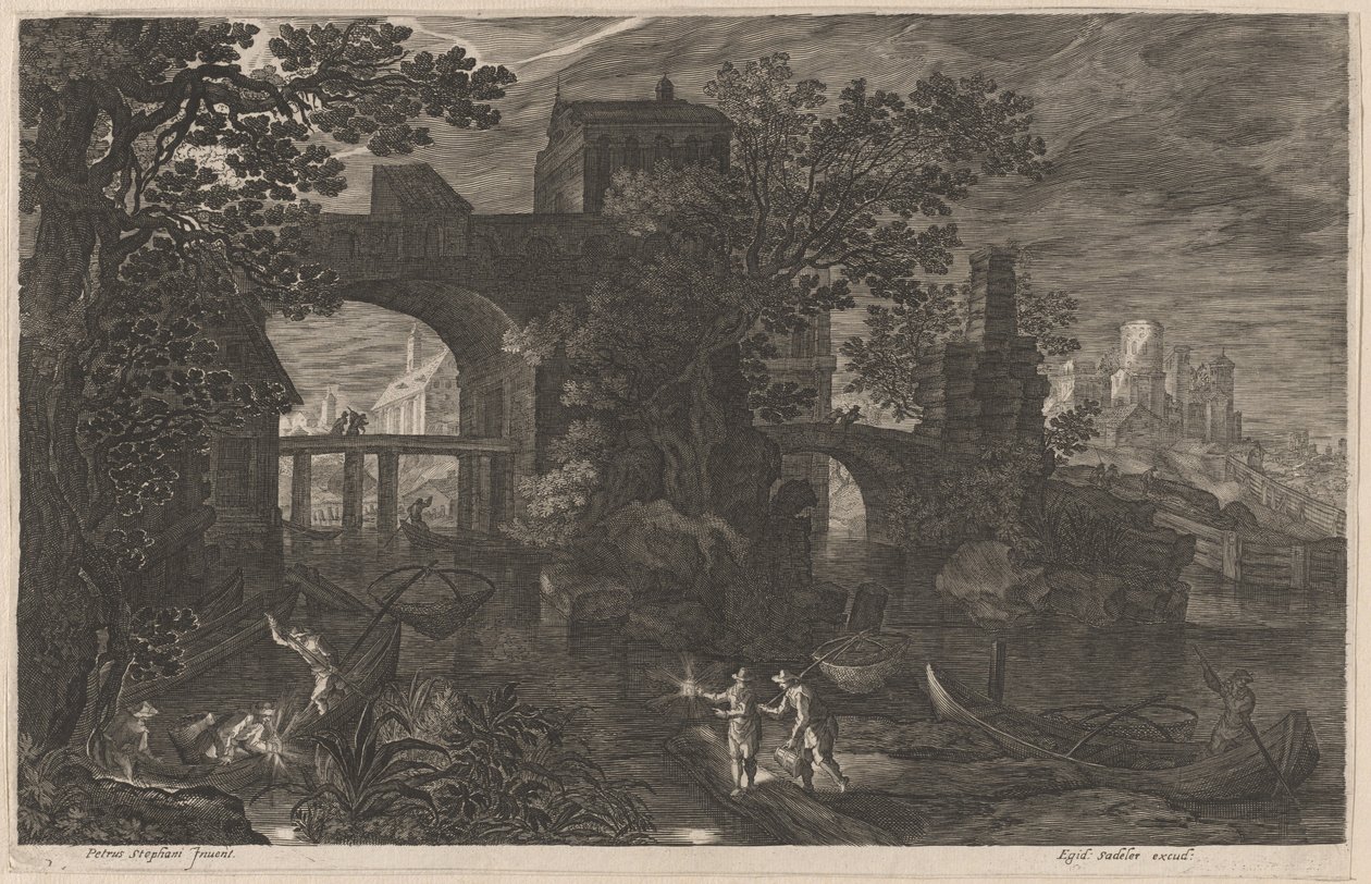 Müstahkem Köprüler Yakınında Gece Balık Tutma by Aegidius Sadeler II after Pieter Stevens