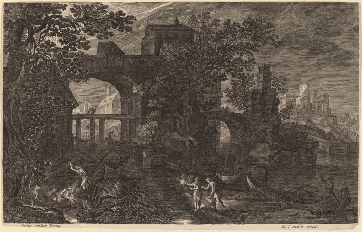 Şehir Surları Dışında Nehir Balıkçıları ile Gece Manzarası by Aegidius Sadeler II after Pieter Stevens