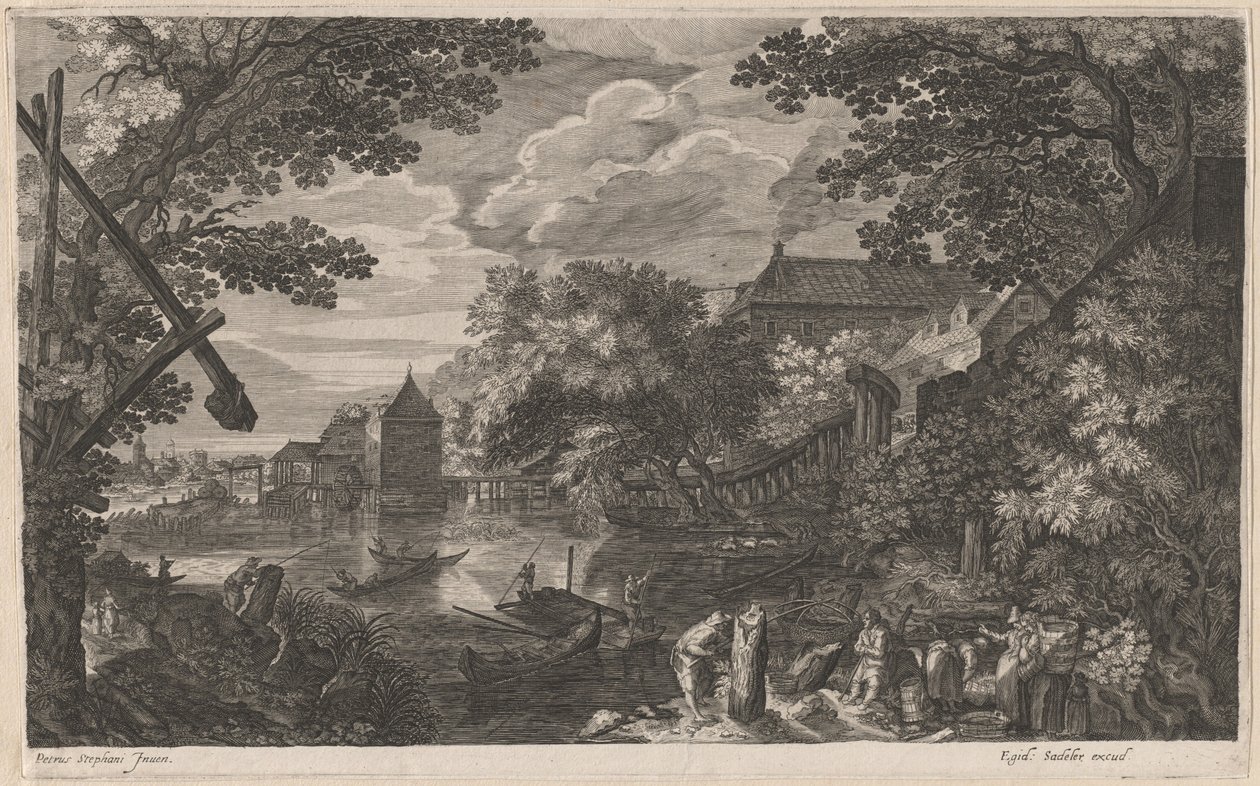 Müstahkem Kasabanın Yanındaki Balıkçılarla Nehir Manzarası by Aegidius Sadeler II after Pieter Stevens