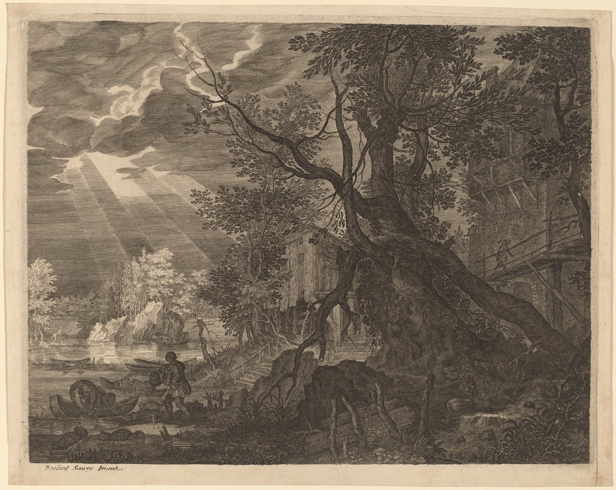 Ay Işığında Balık Tutan Erkeklerle Manzara by Aegidius Sadeler II after Roelandt Savery