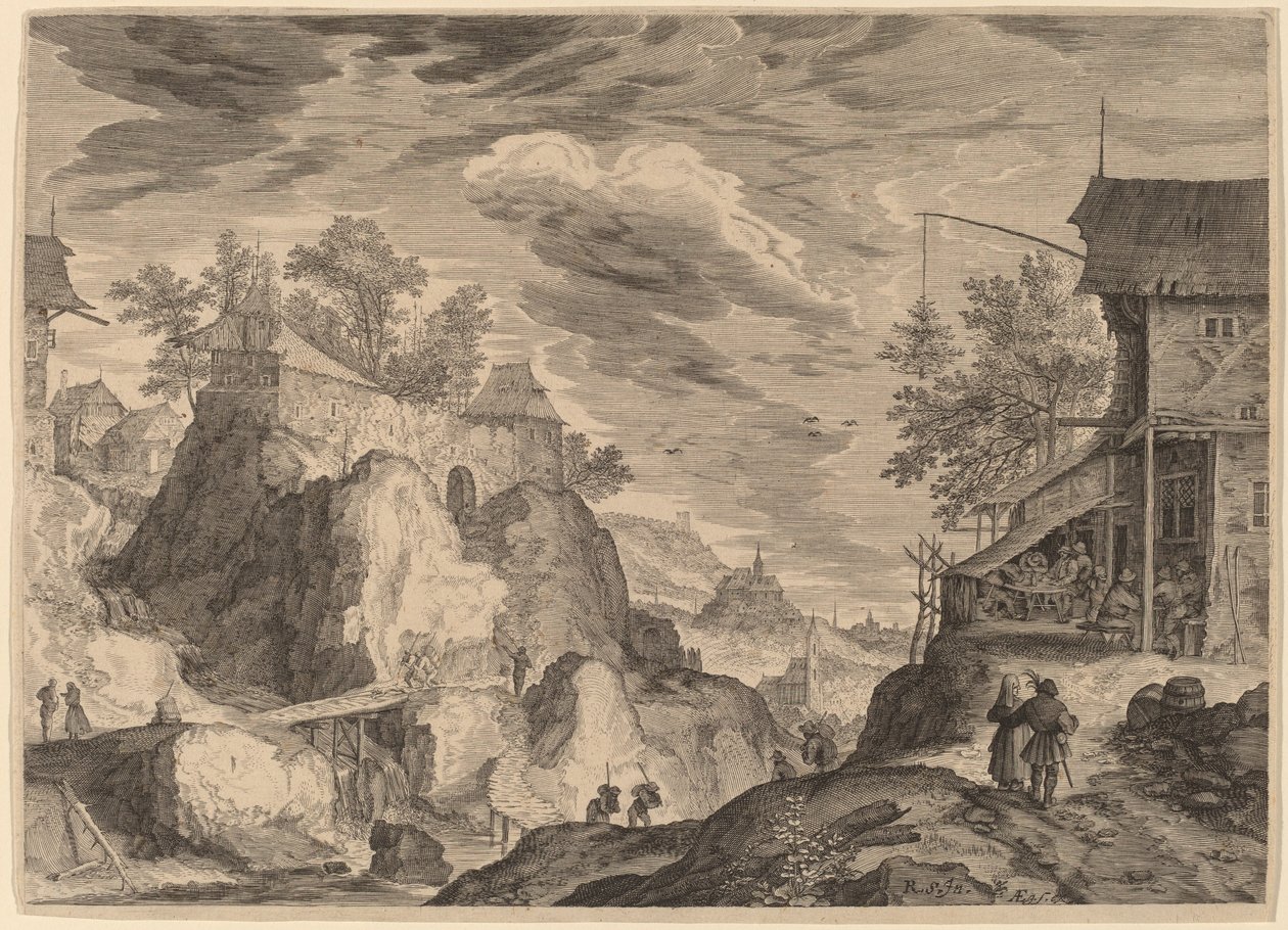 Sağda Han ve Solda Kayalar Üzerinde Ev ile Manzara by Aegidius Sadeler II after Roelandt Savery