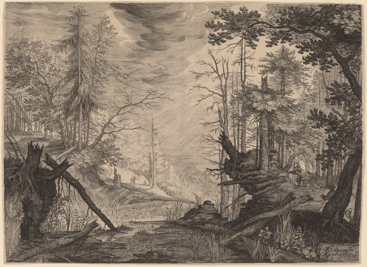 Bir Havuzun Yanında Üç Avcı ve İki Köpek by Aegidius Sadeler II after Roelandt Savery