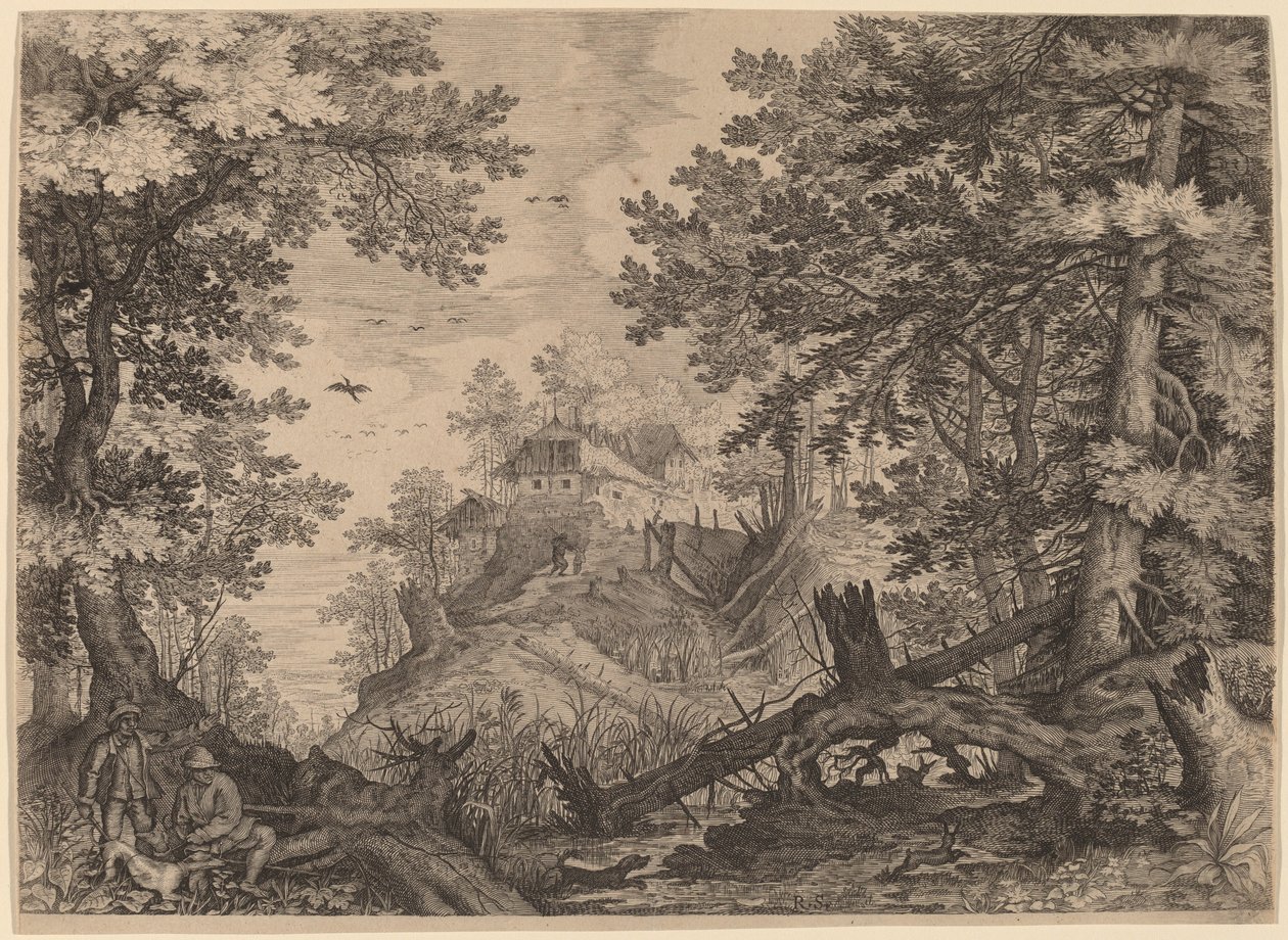 Solda İki Avcı ve Bir Köpeğin Olduğu Ormanlık Sahne by Aegidius Sadeler II after Roelandt Savery