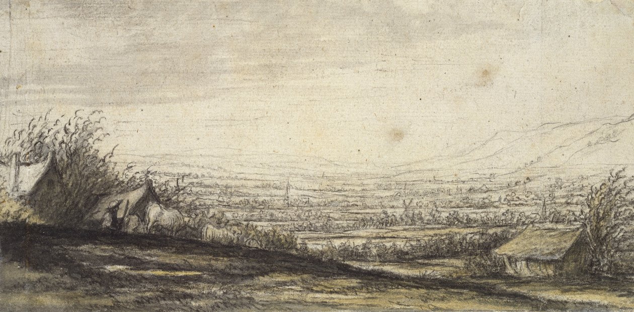 Kulübe ve Sığır ile Kapsamlı Manzara (siyah tebeşir, gri ve sarı yıkama) by Aelbert Cuyp