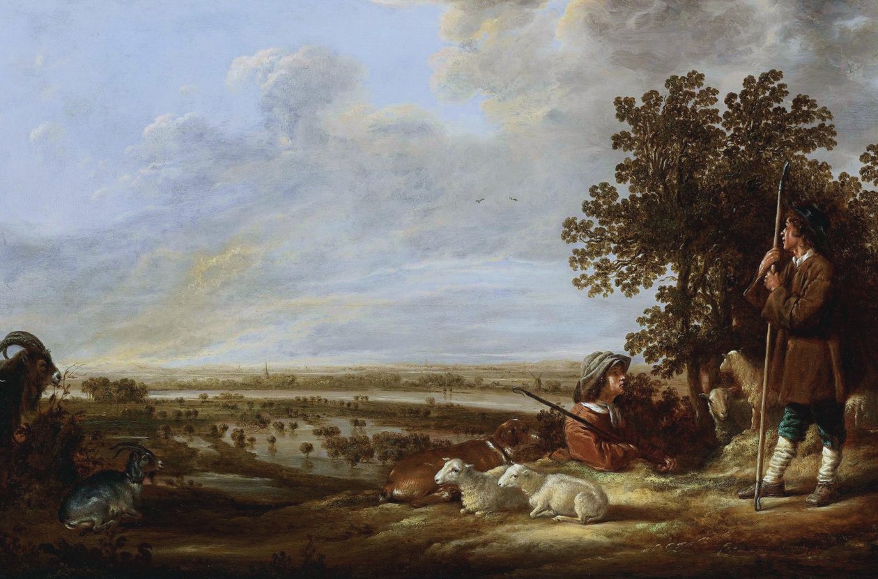 İki çoban ve hayvanları ile manzara by Aelbert Cuyp