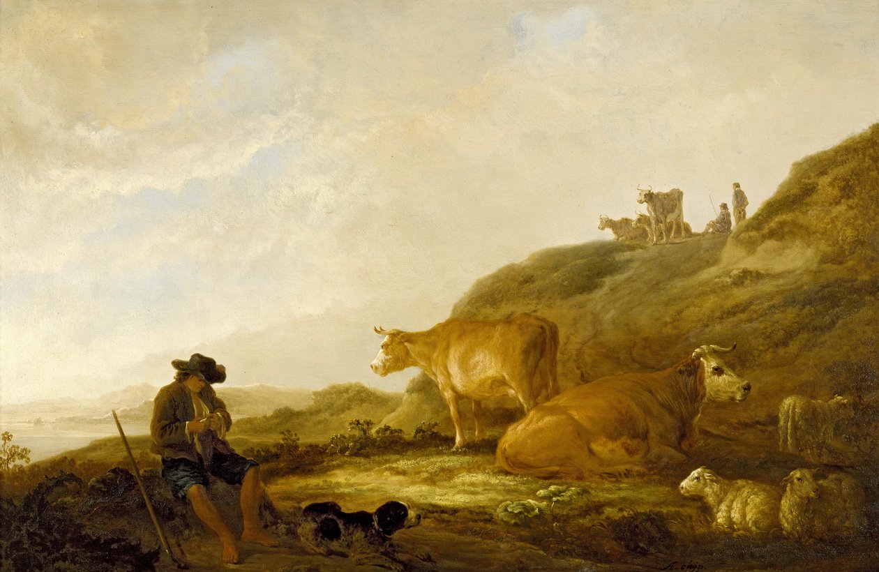 Çayırda İnekler ve Koyunlarla Oturan Çoban, 1644 (meşe panel üzerinde yağlı boya) by Aelbert Cuyp
