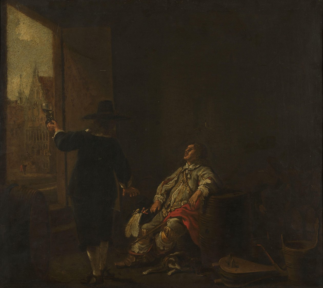 Bir tarafta Şarap Tadımı, diğer tarafında Şarabı Fıçıdan Çıkaran Şarap Dükkanı Tabela by Aelbert Cuyp (circle of)