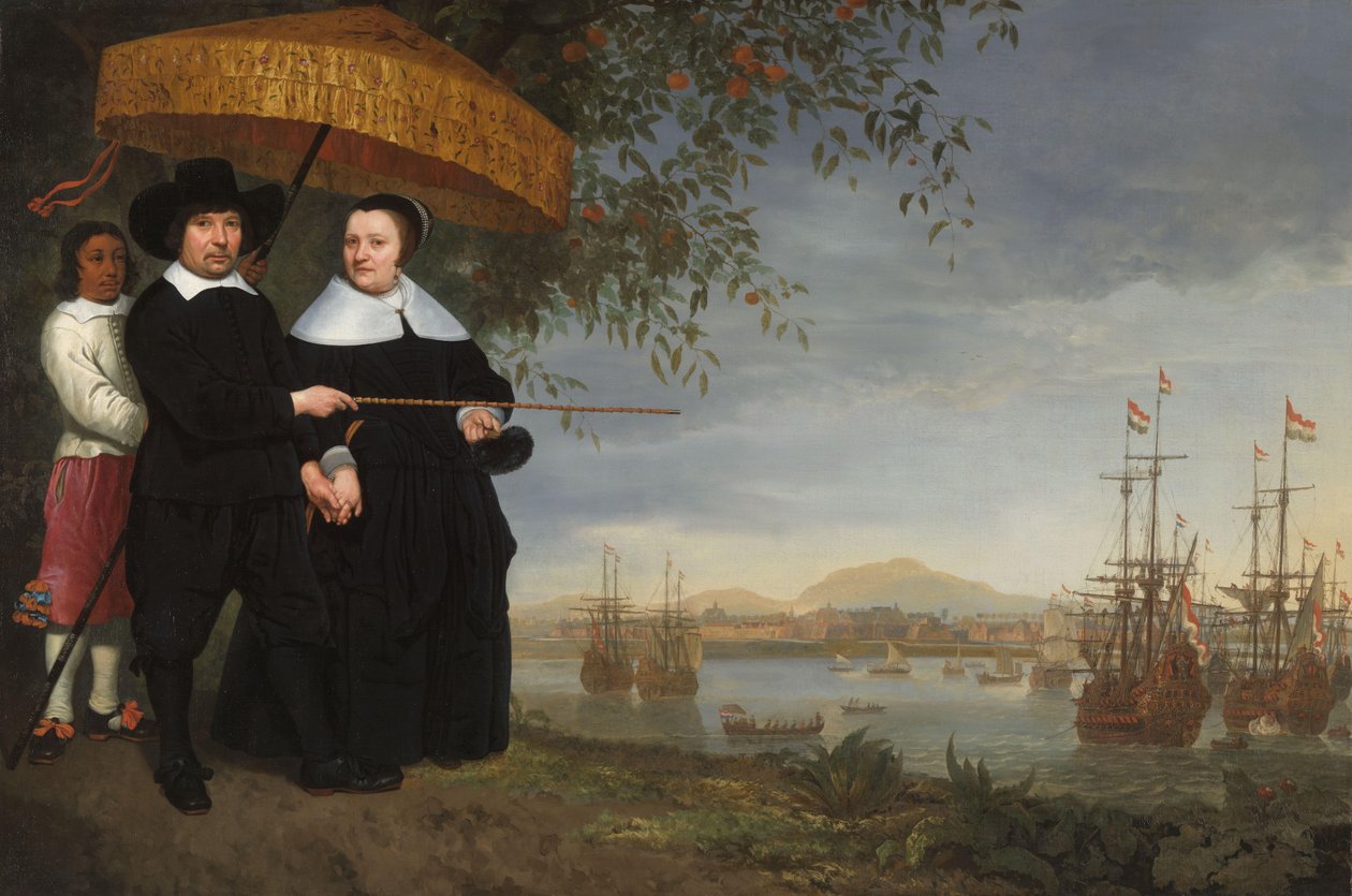 VOC Kıdemli Tüccarı, Karısı ve Köleleştirilmiş Bir Hizmetkarıyla by Aelbert Cuyp (circle of)