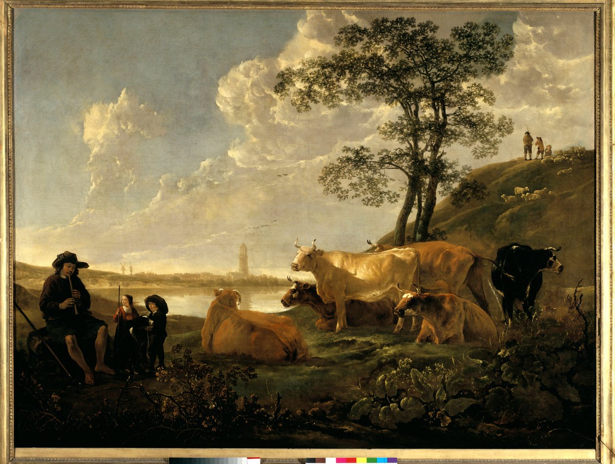 Rhenen yakınlarındaki manzara: otlayan inekler ve flüt çalan çoban Resim Albert (Aelbert veya Aelbrecht) Cuyp (1620-1691) by Aelbert Cuyp