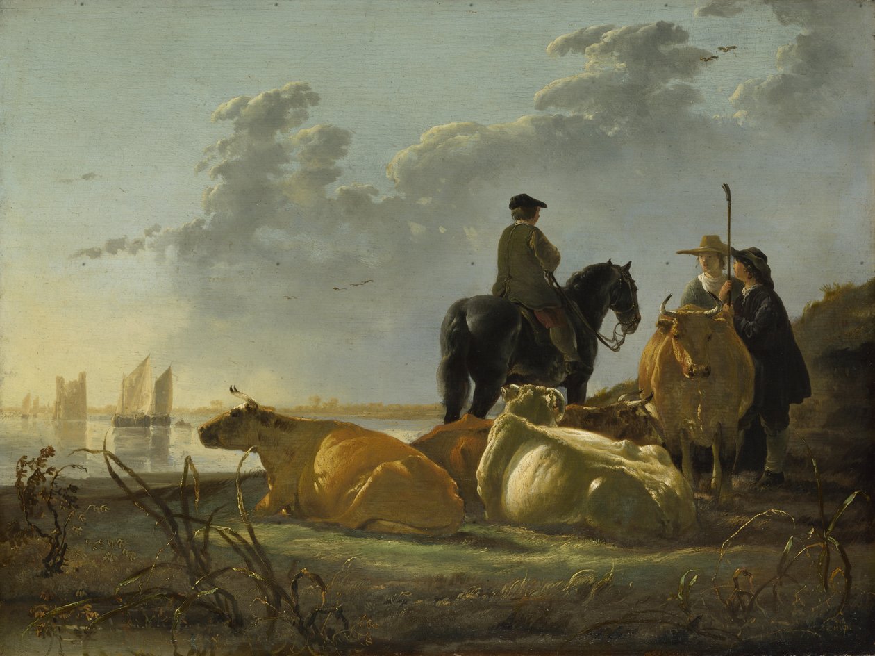 Merwede Nehri Kıyısındaki Köylüler ve Sığırlar, c.1655-60 (panelde yağlı boya) by Aelbert Cuyp