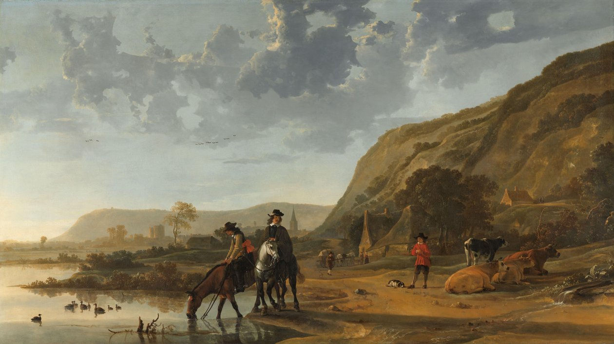 Binicilerle Nehir Manzarası Atlarını Sulayan Binicilerle Nijmegen yakınlarındaki Nehir Manzarası by Aelbert Cuyp