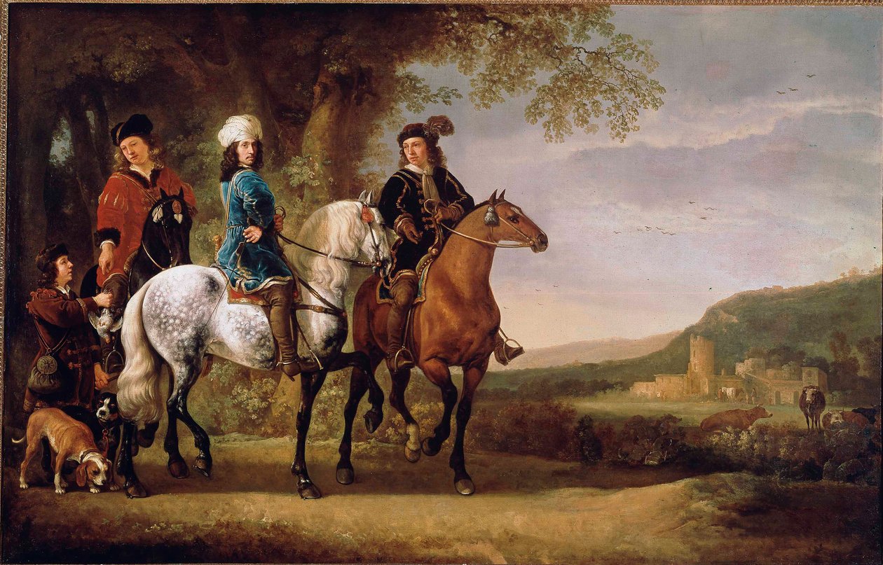 Hollandalı Soylular at sırtında yürürler. Albert (Aelbert veya Aelbrecht) Cuyp (1620-1691) tarafından boyama 17. yüzyıl Güneşi. 119x152,5 cm Paris, Louvre Müzesi by Aelbert Cuyp