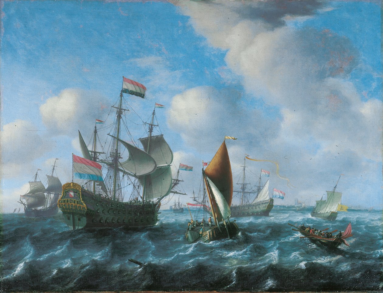 Bir adam "o" savaş, muhtemelen Het Wapen van Utrecht, sert bir esintide geniş bir gemi ve kıç bir eğim, 1671 by Aernout Smit