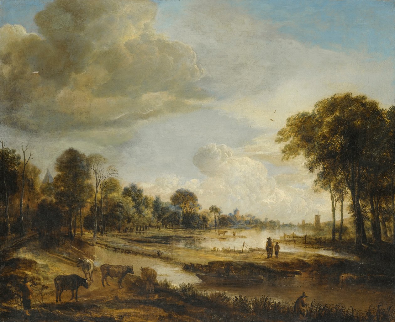 Figürler ve Sığırlarla Bir Nehir Manzarası by Aert van der Neer
