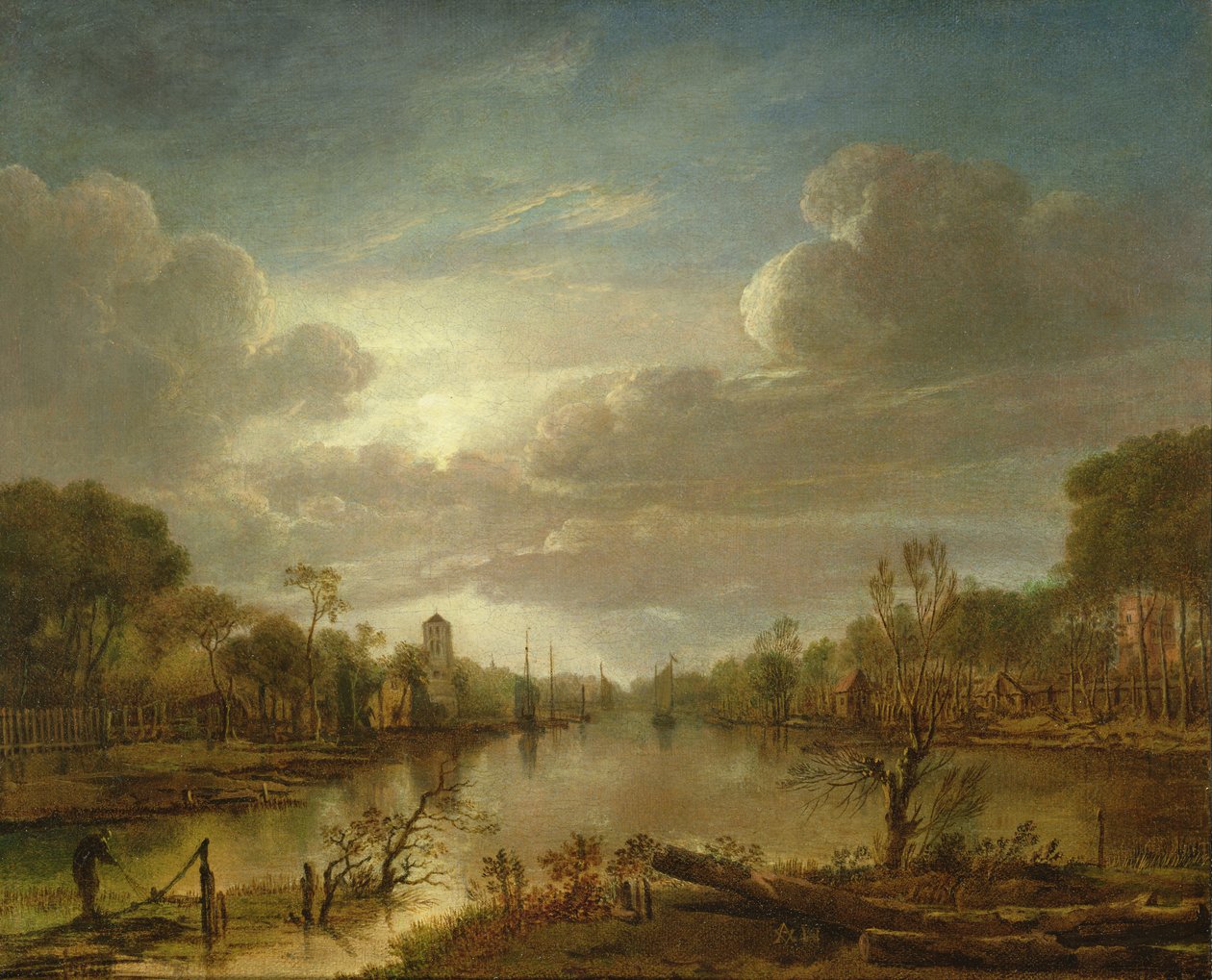 Ay ışığında bir nehir manzarası, 17. yüzyıl by Aert van der Neer