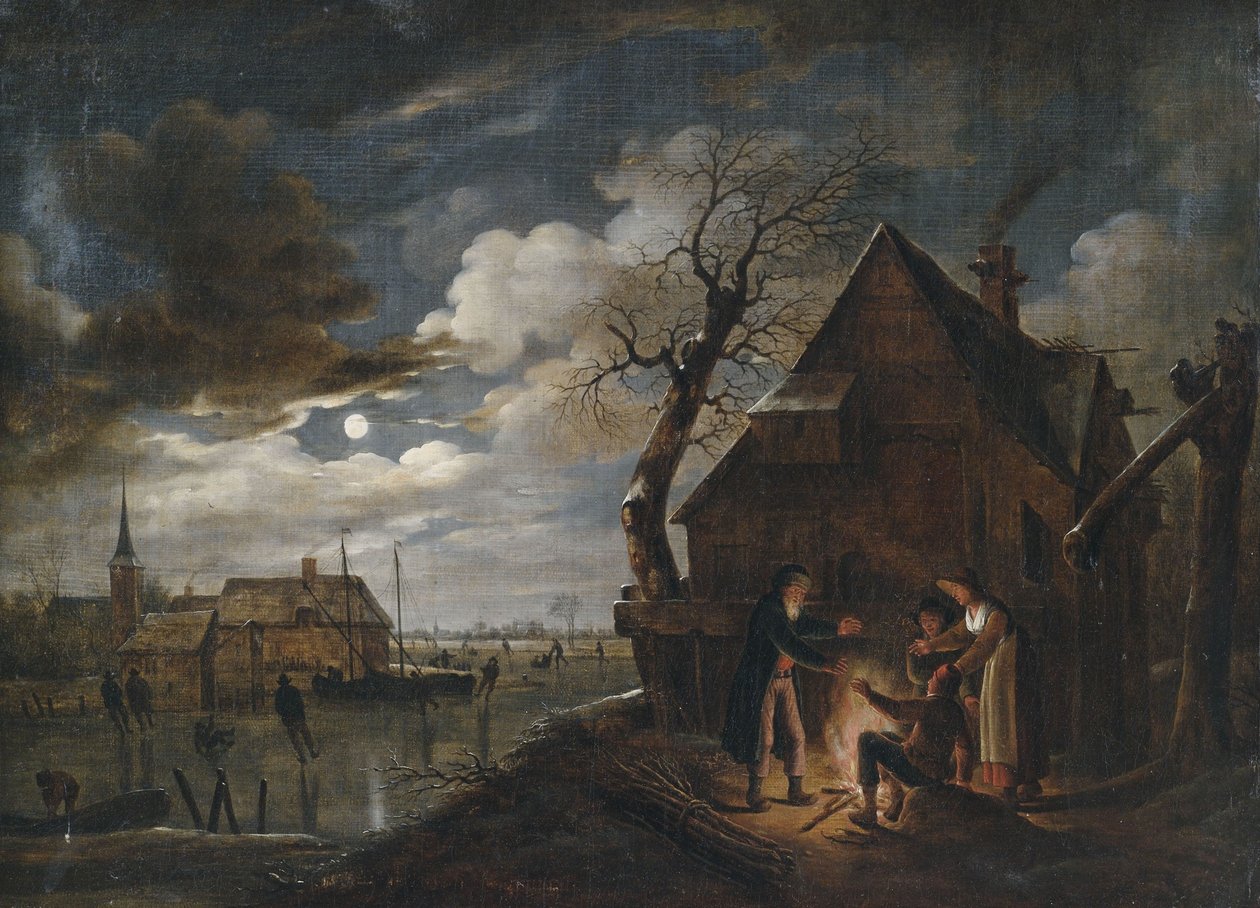 Buz patencileri ve çiftçilerin kendilerini ısıttığı bir kamp ateşi ile ay ışığında Hollanda kanalı manzarası by Aert van der Neer