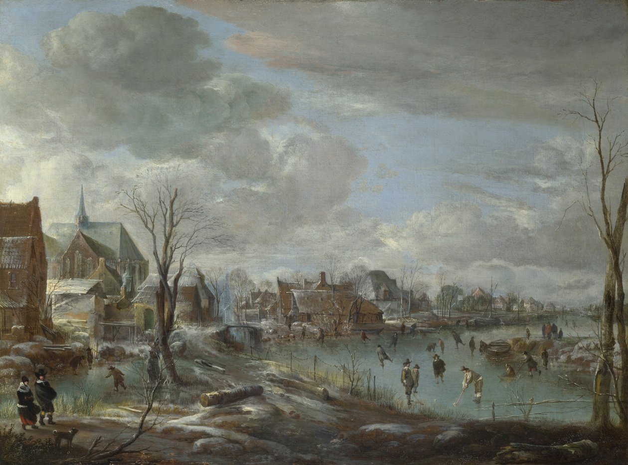 Golfçüler ve Patenciler ile bir Köyün yakınında Donmuş Bir Nehir, c. 1647-1648 by Aert van der Neer