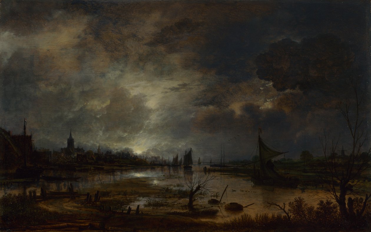 Bir Kasabaya Yakın Bir Nehir, Ay Işığında, c. 1645 by Aert van der Neer