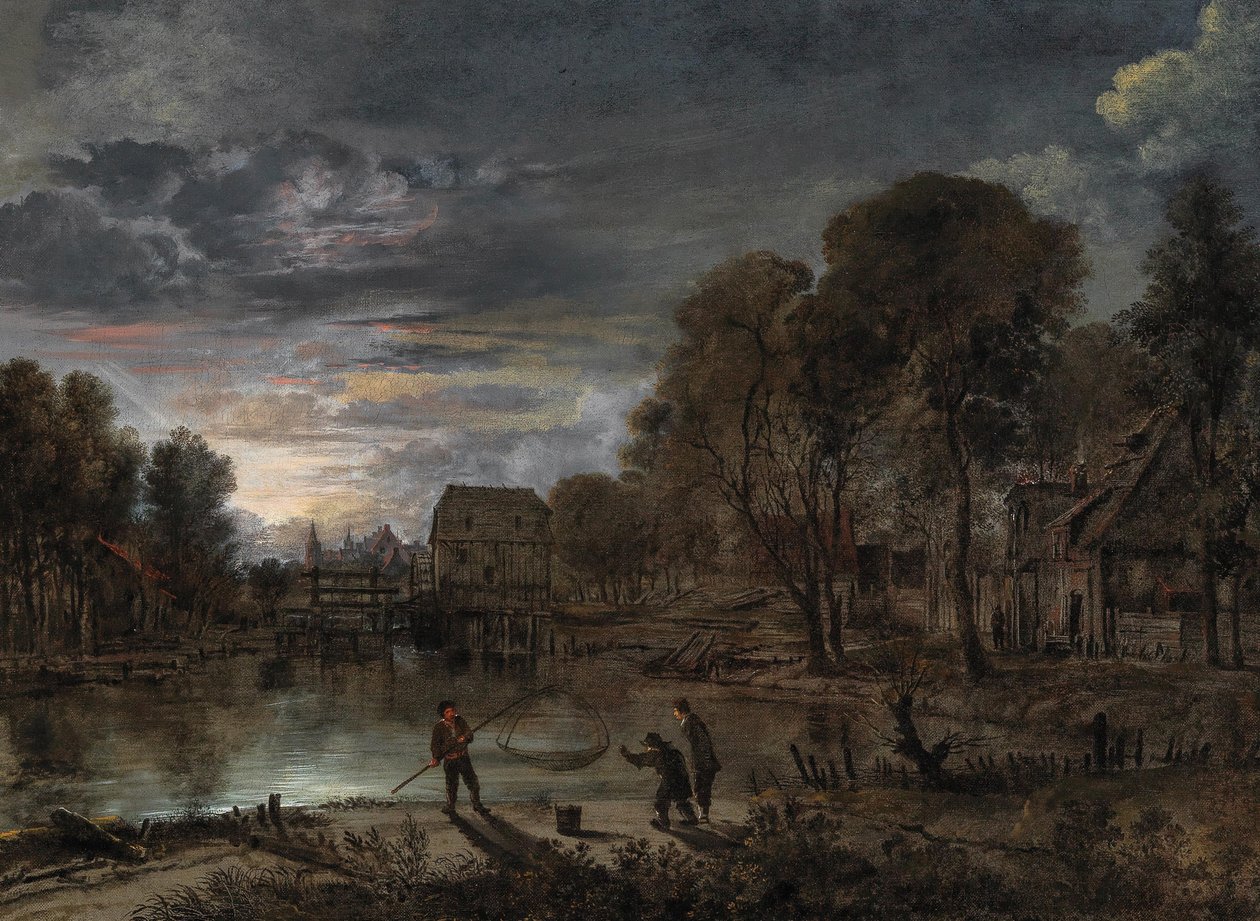 Balıkçılarla dolu bir gece manzarası. by Aert van der Neer