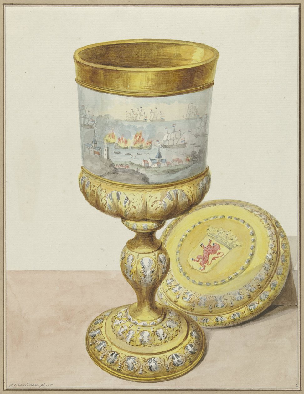 Kapaklı altın kupa, Chatham'a Yolculuk vesilesiyle Cornelis de Witt'e bağışlandı, 1667 by Aert Schouman (signed by artist)