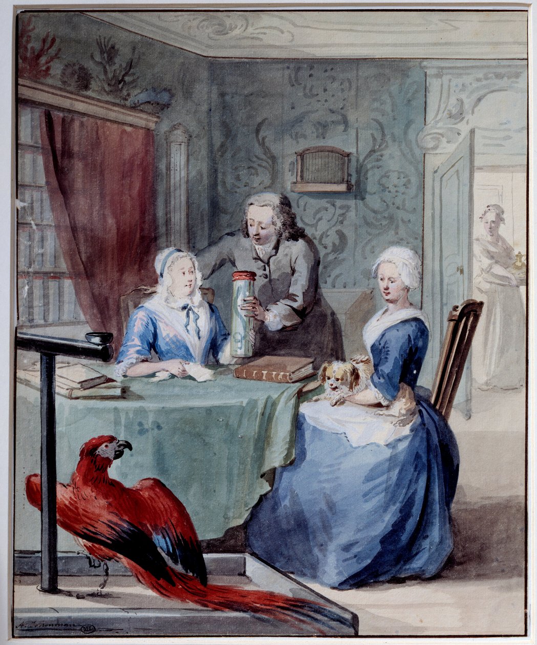 Bir doğa bilimci, iki kadına ön planda bir papağan içeren bir kavanoz gösteriyor. Aert Schouman (1710-1792) 18. yüzyıl Güneşi tarafından suluboya. 0,24x0,2 m Paris, Louvre Müzesi by Aert Schouman