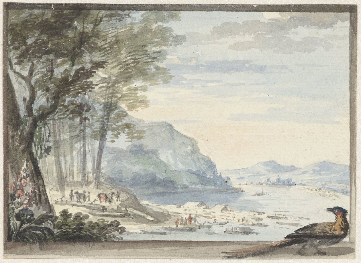 Ön planda bir tavuk olan nehir manzarası by Aert Schouman