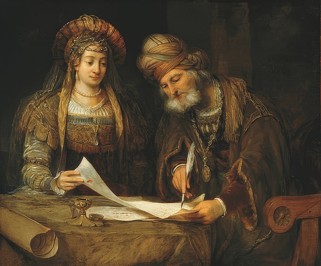 Esther ve Mordehay. 1675 by Aernt de Gelder