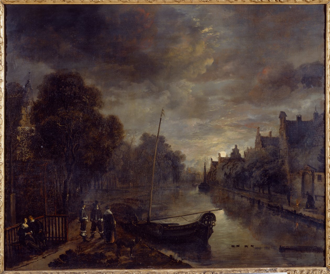 Ay Işığında Bir Hollanda Kasabasında Bir Kanal (tuval üzerine yağlıboya) by Aert van der Neer