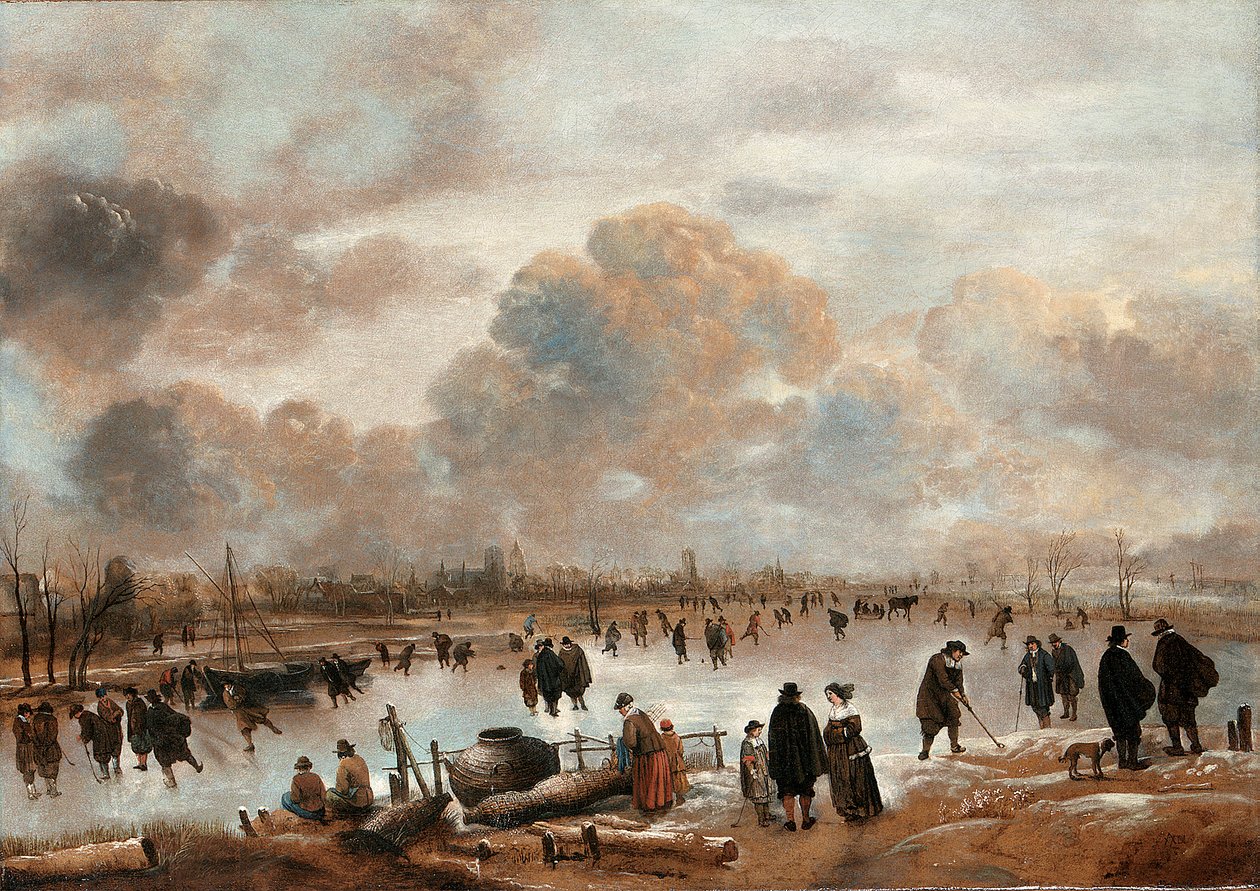 Donmuş Bir Su Yolunda Patenciler ve Kasabalılarla Bir Kış Manzarası by Aert van der Neer