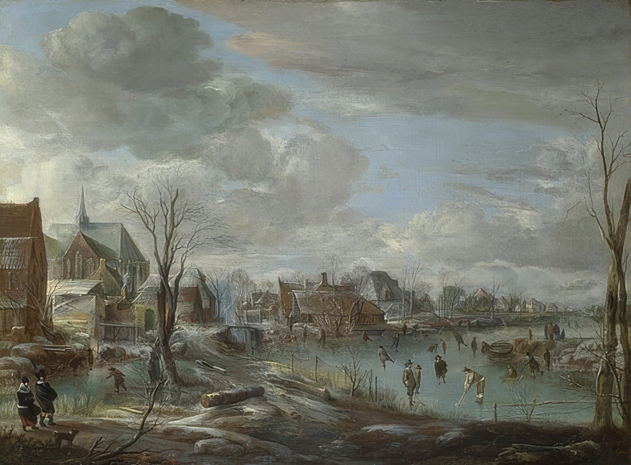 Golfçüler ve patencilerle dolu bir kasabanın yakınında donmuş bir nehir. 1648 civarında by Aert van der Neer