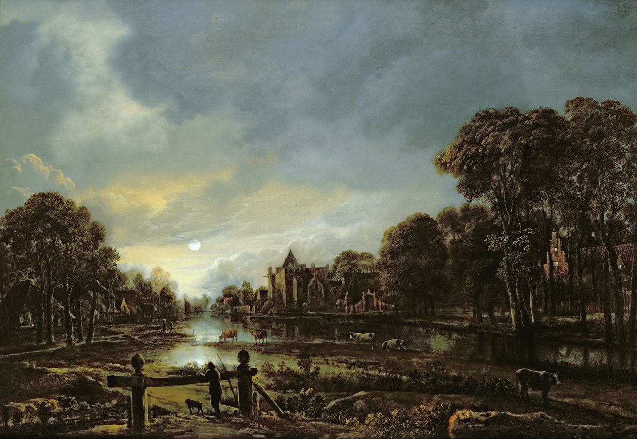 Ormanlık Bankalarda Kulübeler ile Mehtaplı Nehir Manzarası by Aert van der Neer