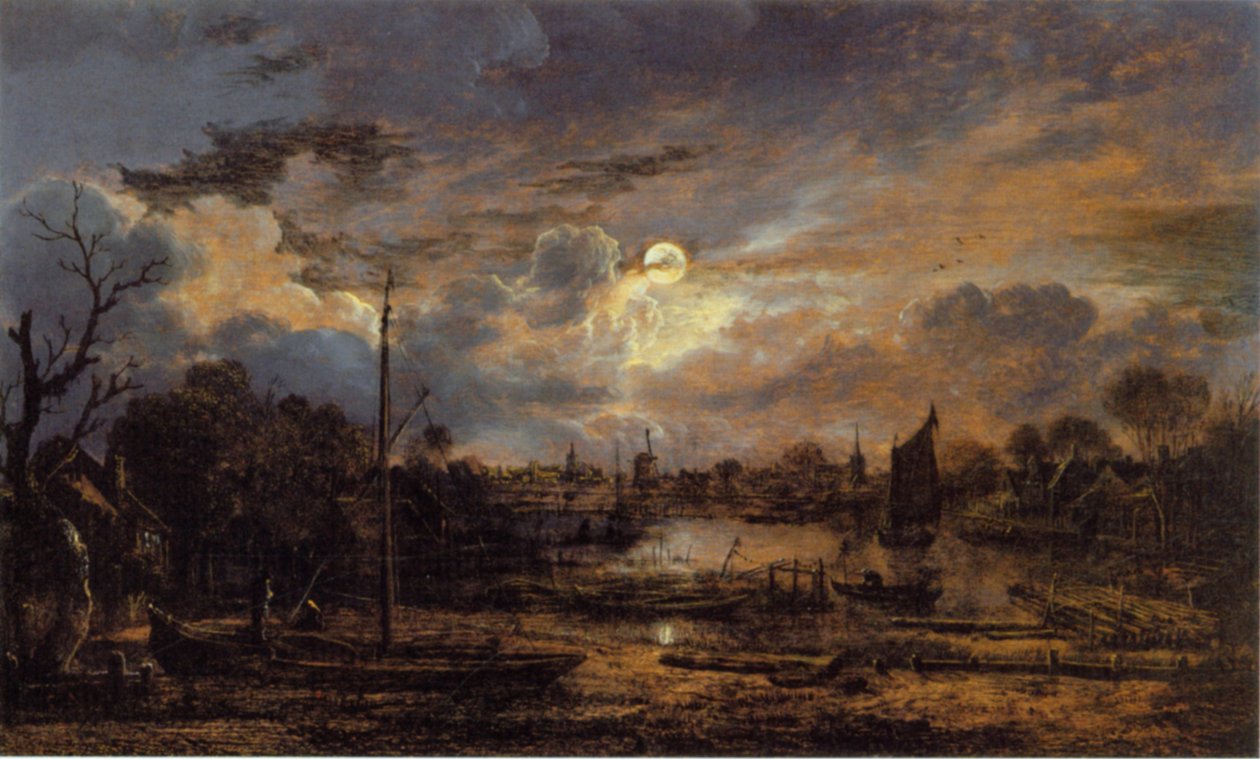 Moonshine ile nehir manzarası by Aert van der Neer